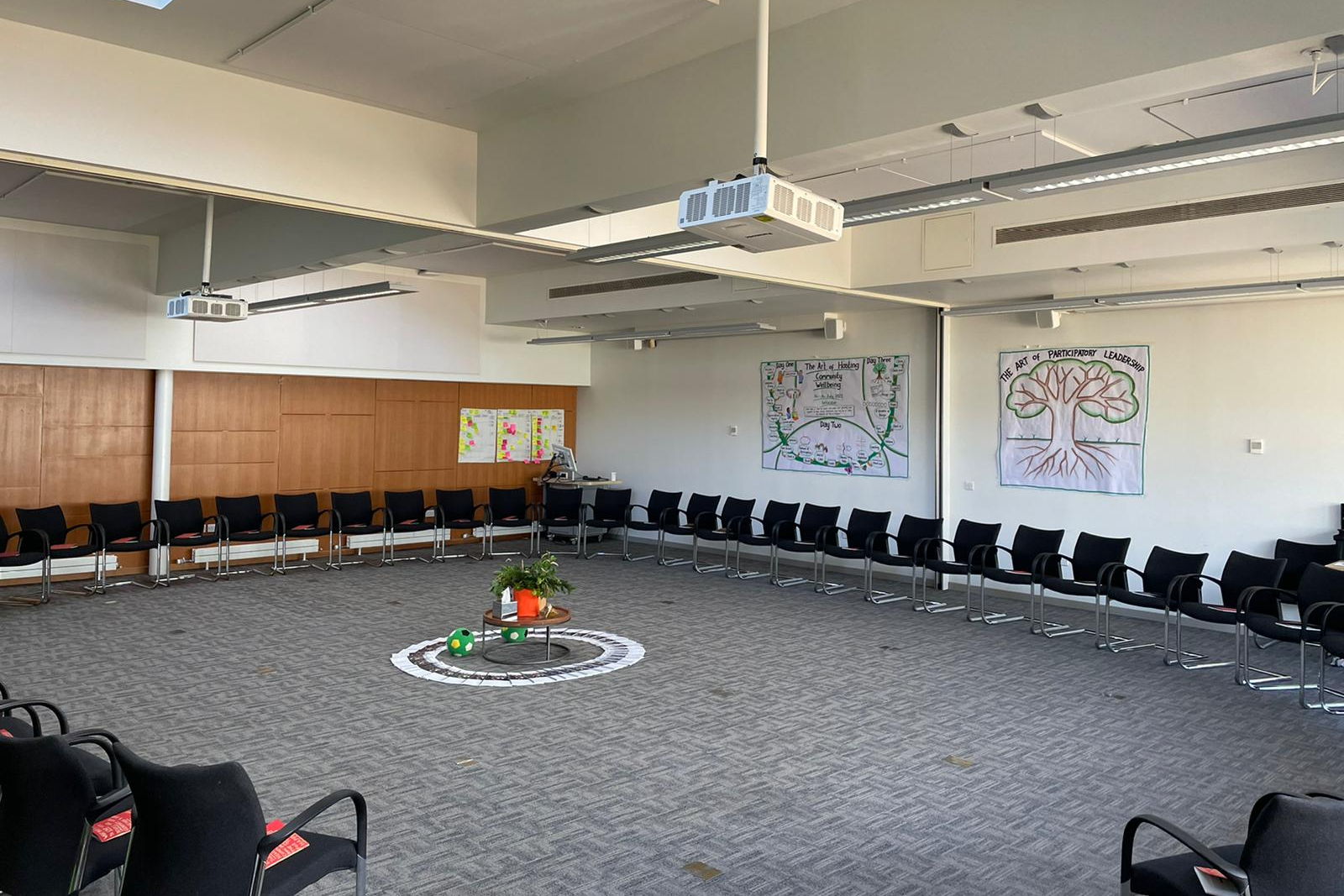 A circle of chairs set out in an empty room, a small centrepiece on the floor and two hand-drawn Art of Hosting charts on the wall.